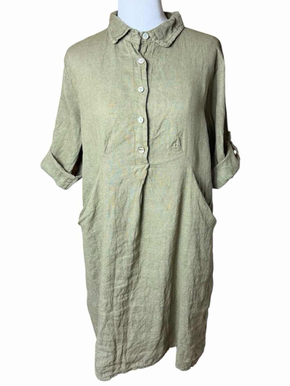 Elena Baldi Linen Dress Tunic Olive Green Roll Tab Sleeve Size Large - Picture 4 of 11